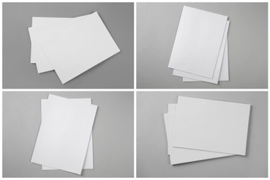 Image of Open blank brochures on grey background, top view. Collage