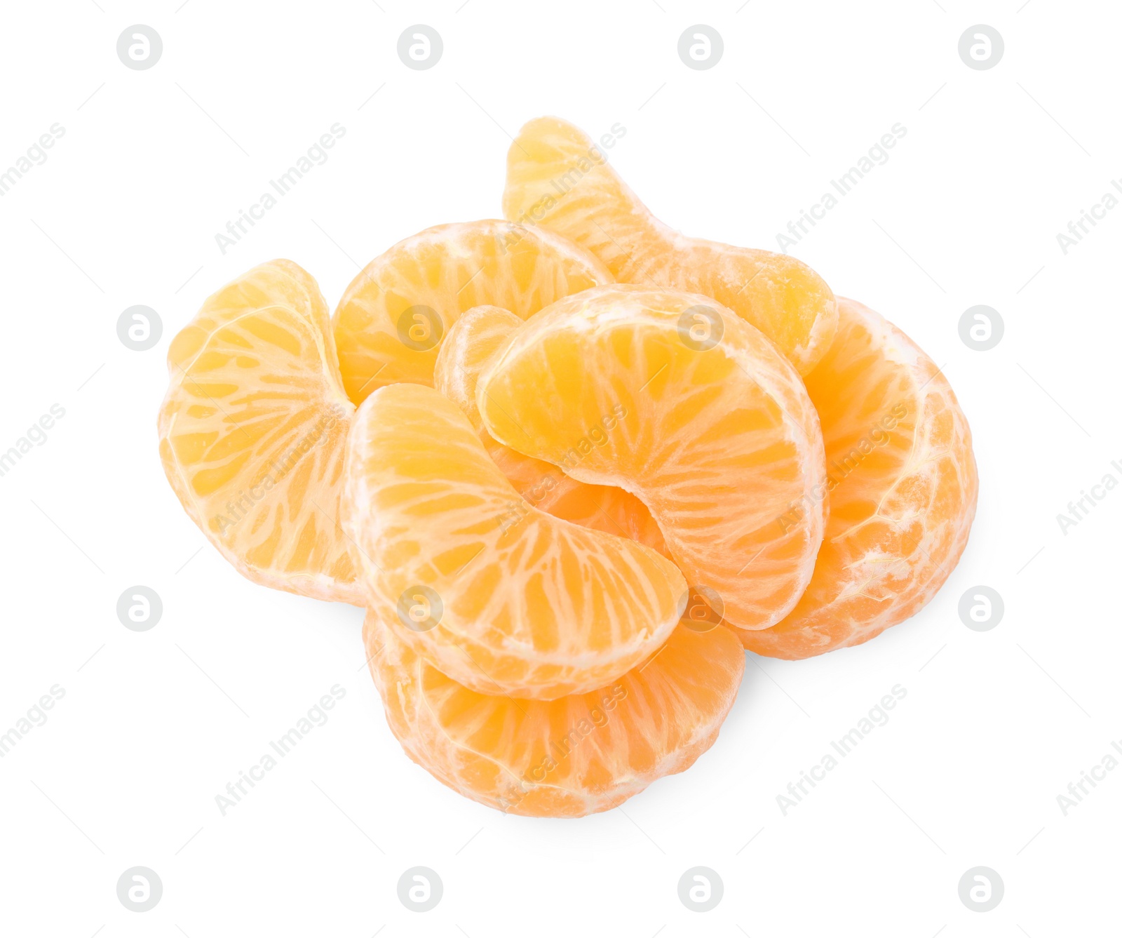 Photo of Pieces of fresh juicy tangerine on white background, top view