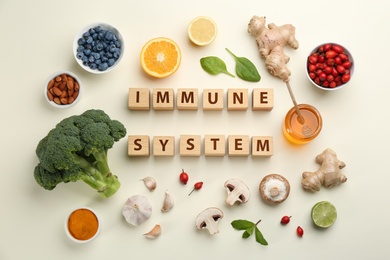 Photo of Set of natural products and cubes with text Immune System on beige background, flat lay