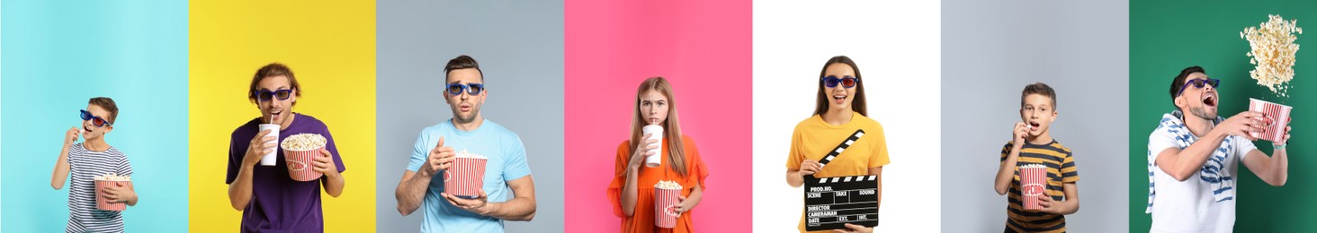 Cinema visiting. Collage with photos of different people on color backgrounds, banner design