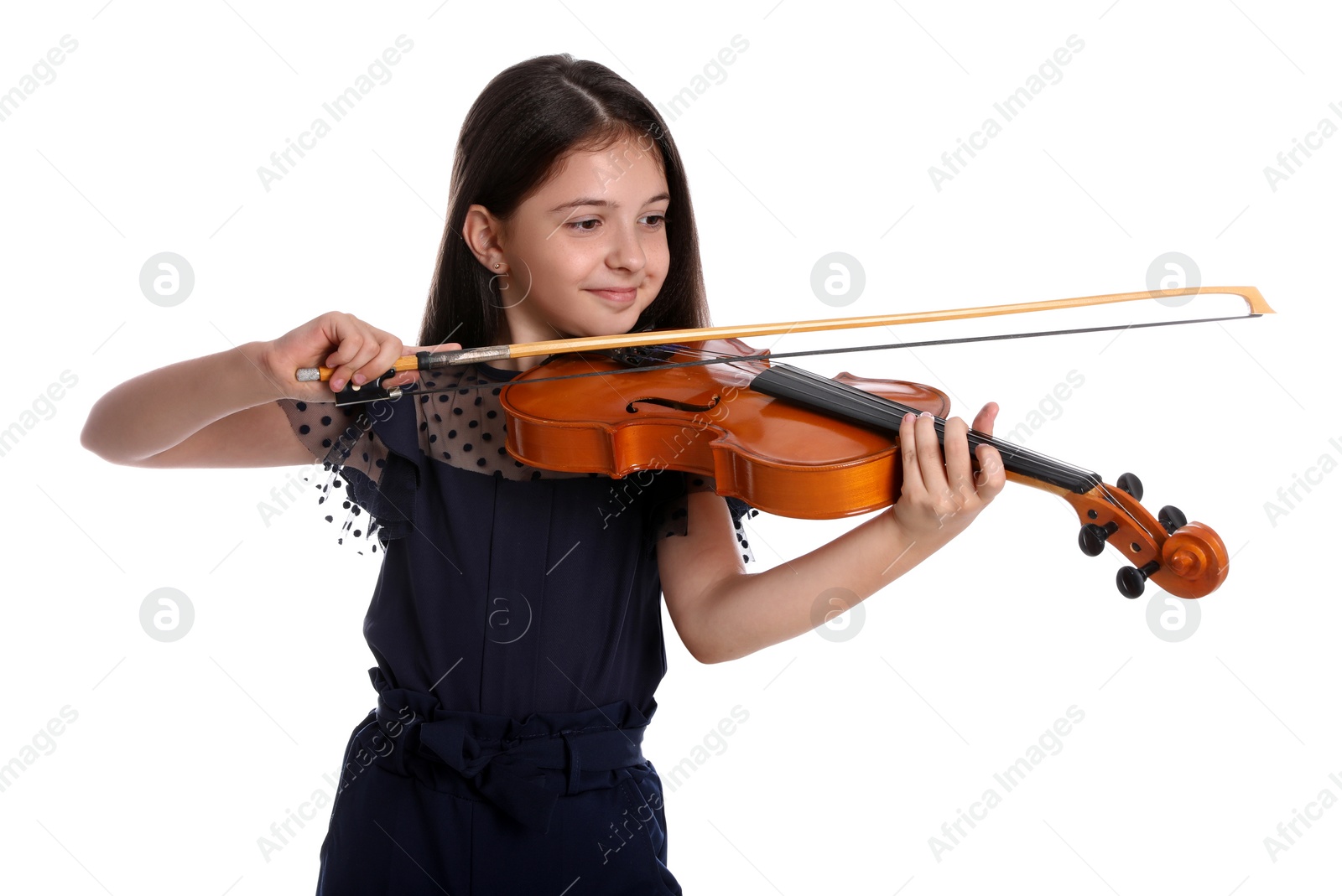 Photo of Preteen girl playing violin on white background