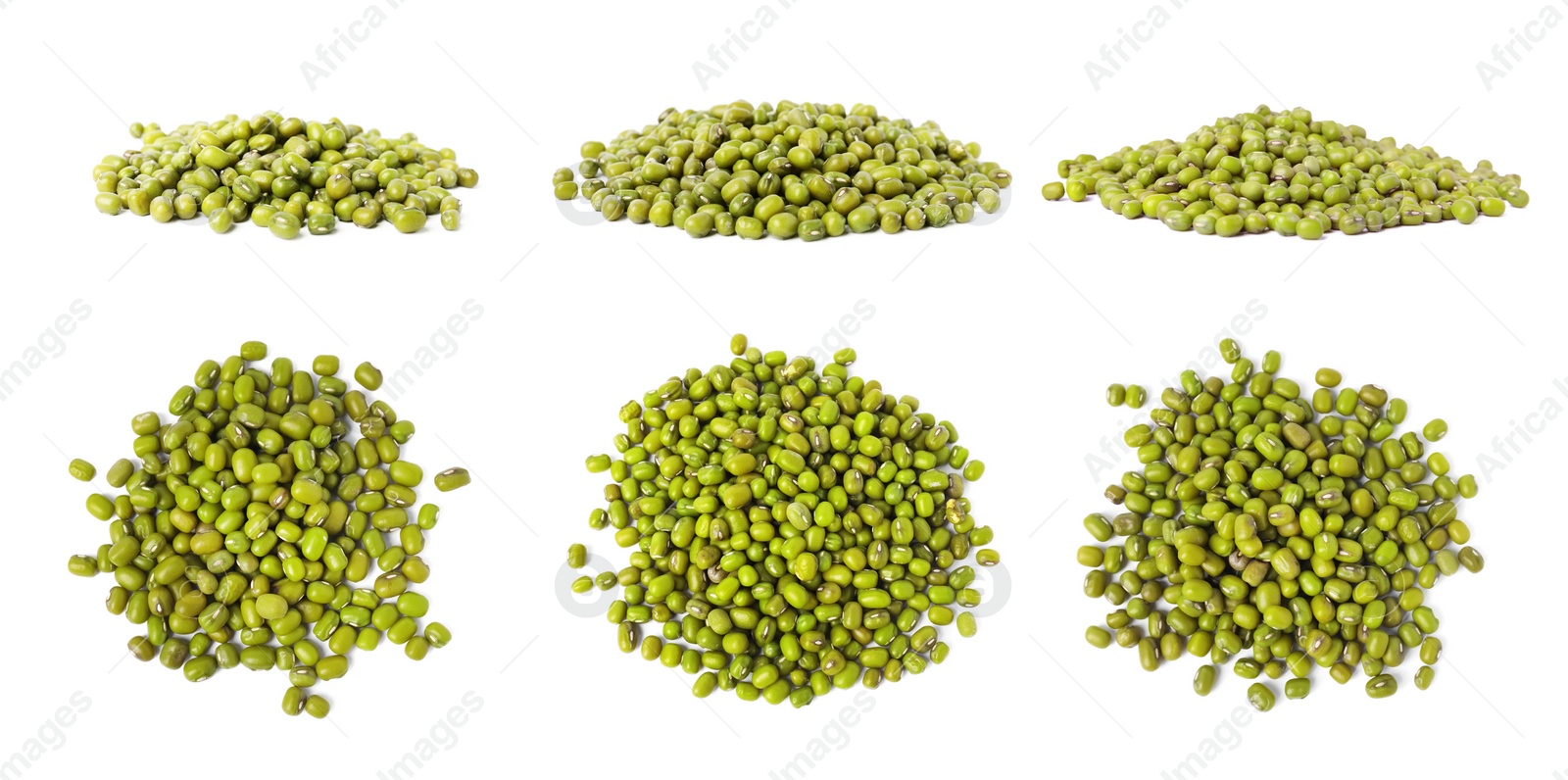 Image of Piles of raw mung beans on white background. Collage design