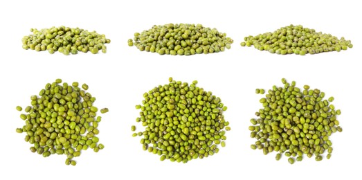 Piles of raw mung beans on white background. Collage design