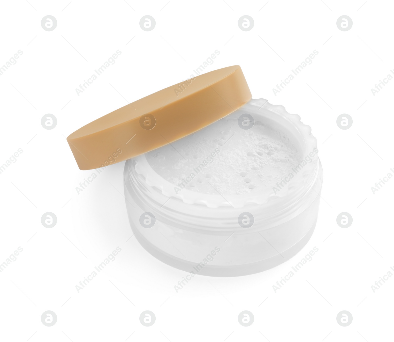 Photo of Rice face powder isolated on white. Natural cosmetic