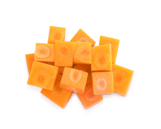 Photo of Pieces of fresh ripe carrot isolated on white, top view