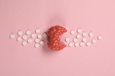 Endocrinology, Pills and model of thyroid gland on pink background, top view