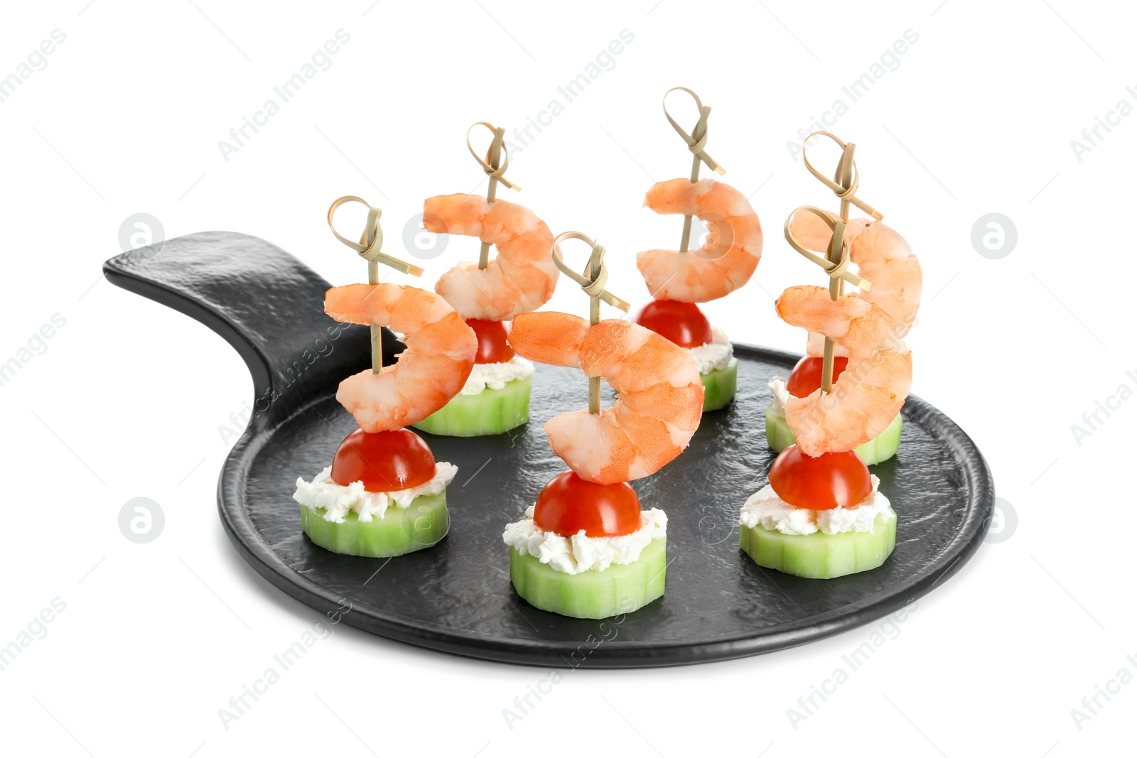 Photo of Tasty canapes with shrimps, vegetables and cream cheese isolated on white