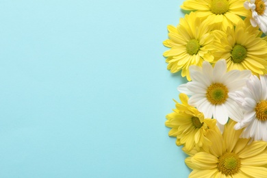 Photo of Beautiful chamomile flowers on color background, flat lay with space for text