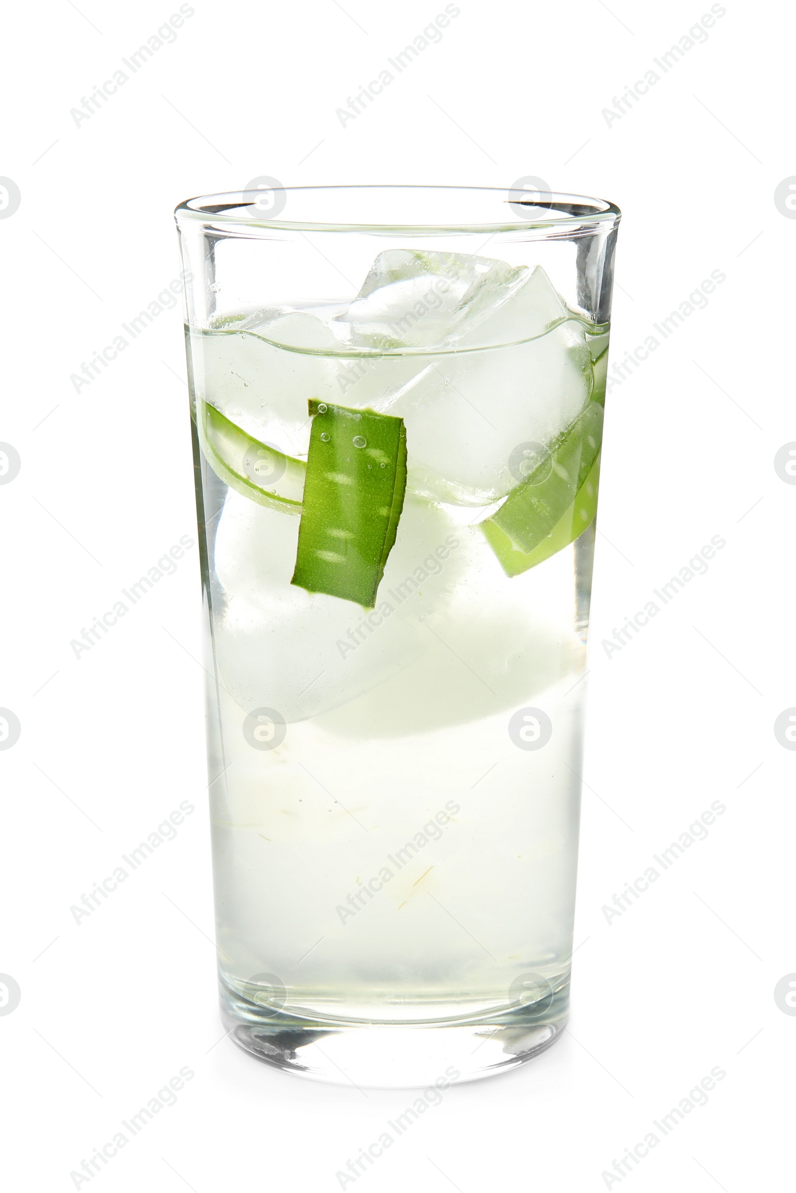 Photo of Fresh aloe drink with ice cubes in glass isolated on white