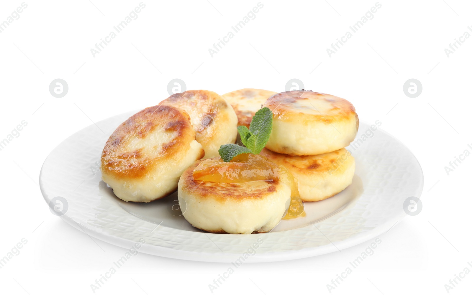 Photo of Delicious cottage cheese pancakes with mint isolated on white