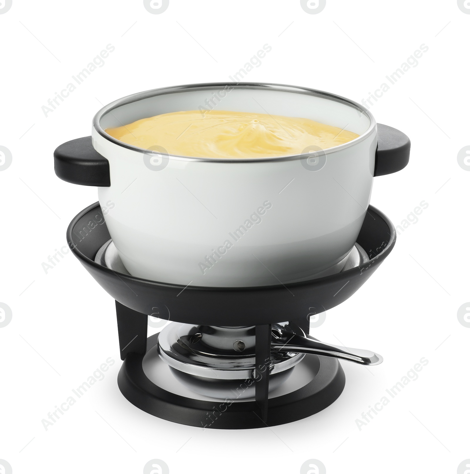 Photo of Fondue pot with tasty melted cheese isolated on white