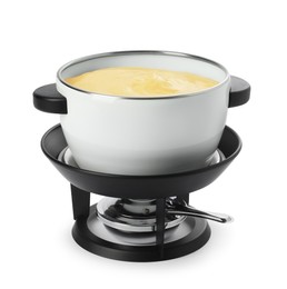 Fondue pot with tasty melted cheese isolated on white