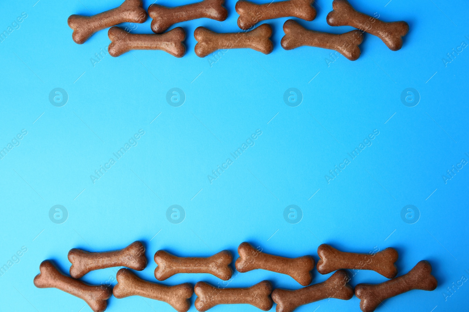 Photo of Bone shaped dog biscuits on light blue background, flat lay. Space for text