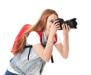 Photo of Female photographer with camera on white background