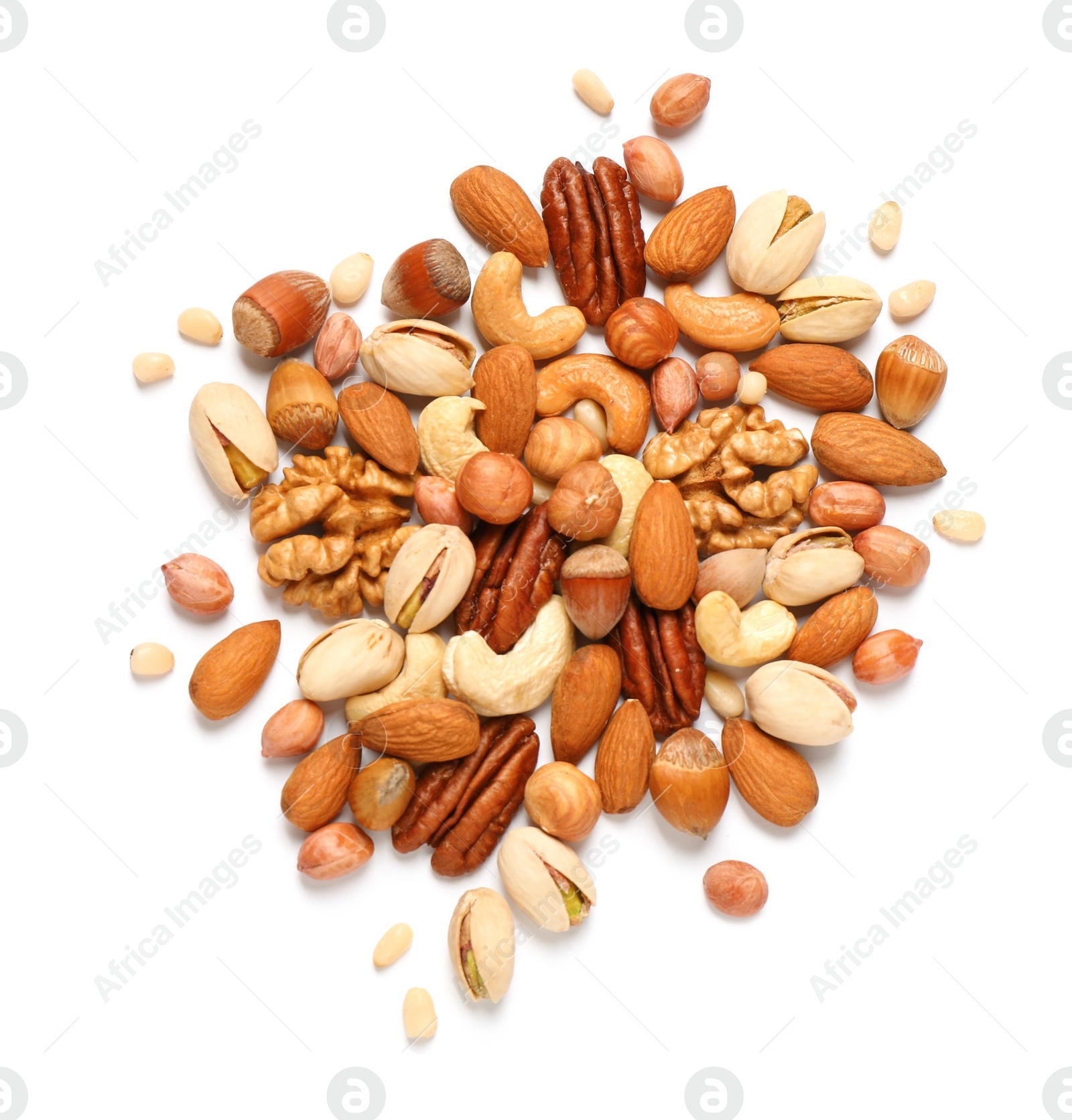 Photo of Different delicious nuts on white background, flat lay