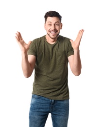 Photo of Portrait of emotional handsome man on white background