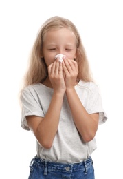 Photo of Little girl suffering from allergy on white background