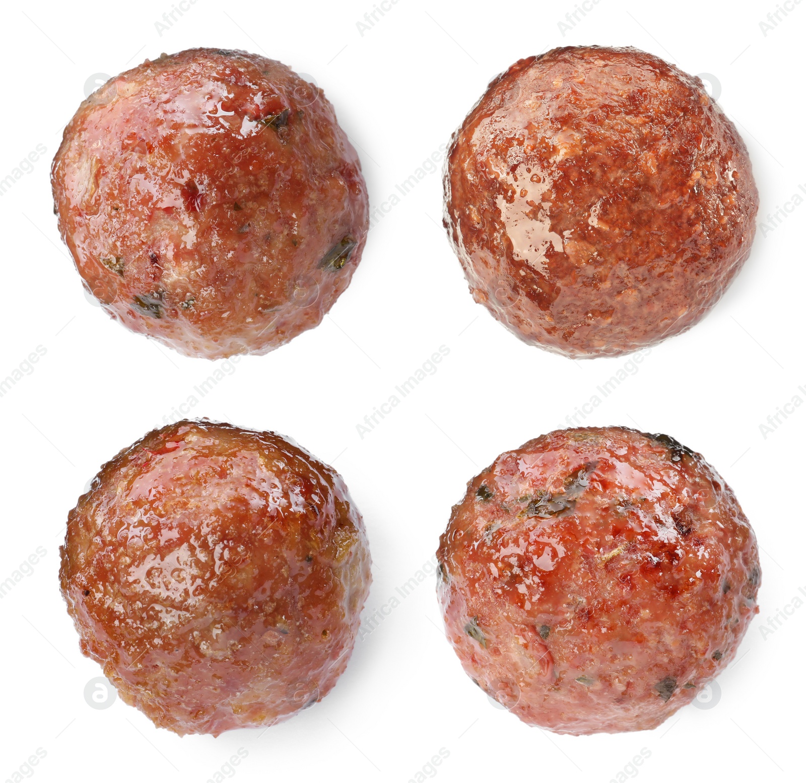 Image of Set with tasty cooked meatballs on white background 