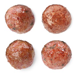 Set with tasty cooked meatballs on white background 