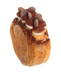 Photo of One supreme croissant with chocolate chips and cream on white background. Tasty puff pastry