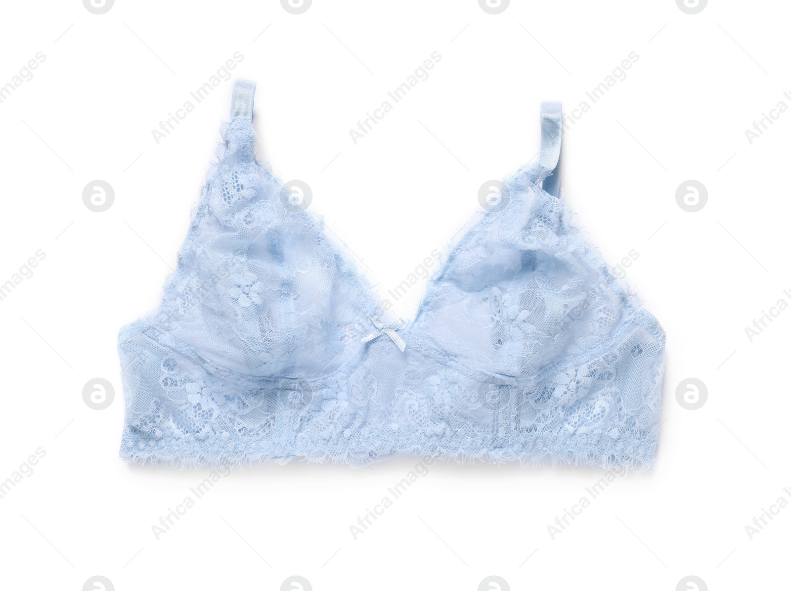 Photo of Elegant light blue women's underwear isolated on white, top view