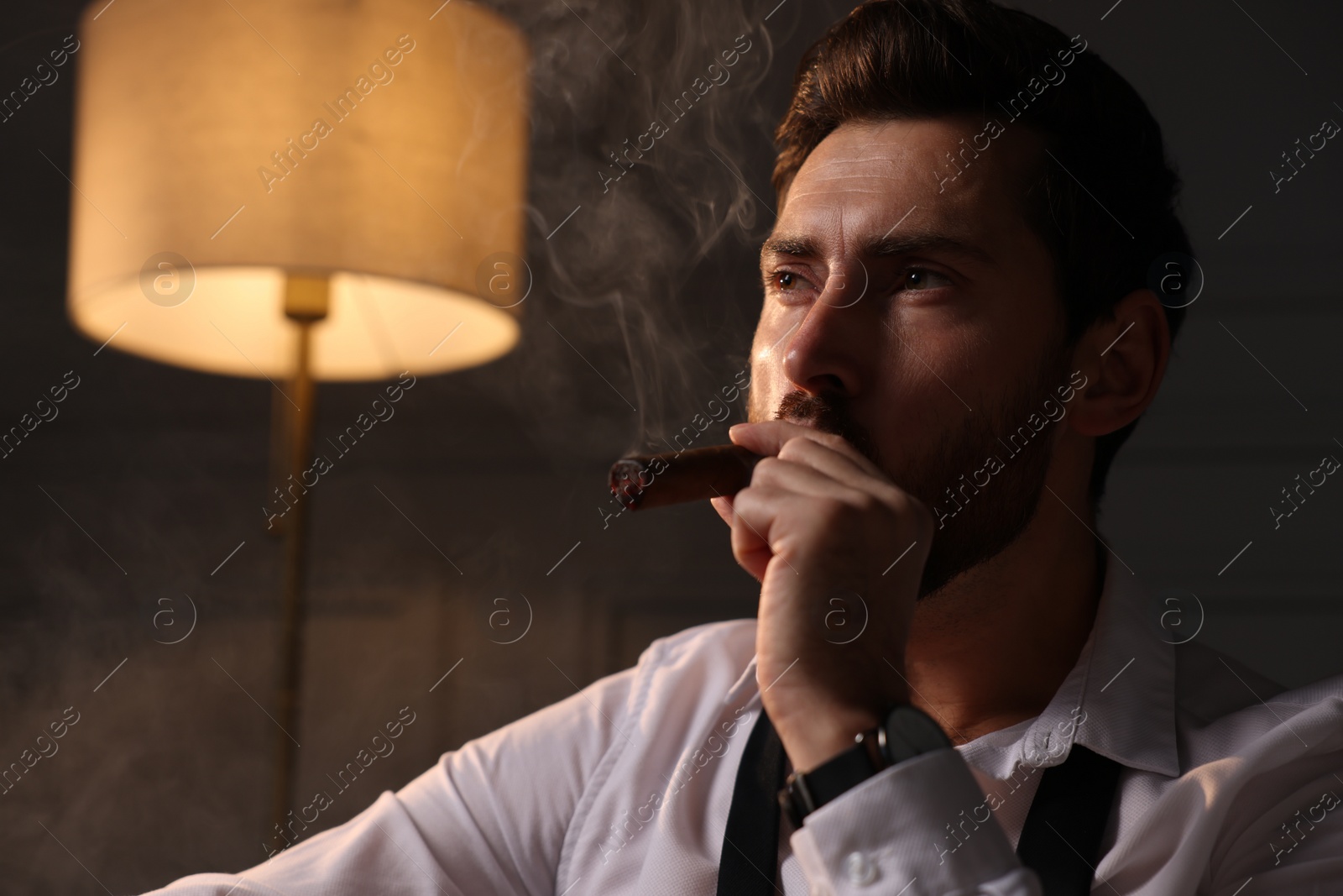 Photo of Handsome man smoking cigar at home. Space for text