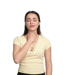 Photo of Young woman suffering from sore throat on white background. Cold symptoms