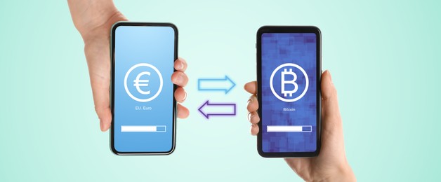 Online money exchange, banner design. Women with mobile phones, closeup. Arrows in opposite sides between devices with euro and bitcoin currency signs on light turquoise background