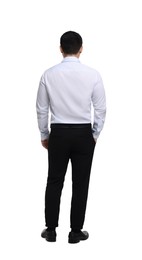 Photo of Businessman in formal clothes posing on white background, back view