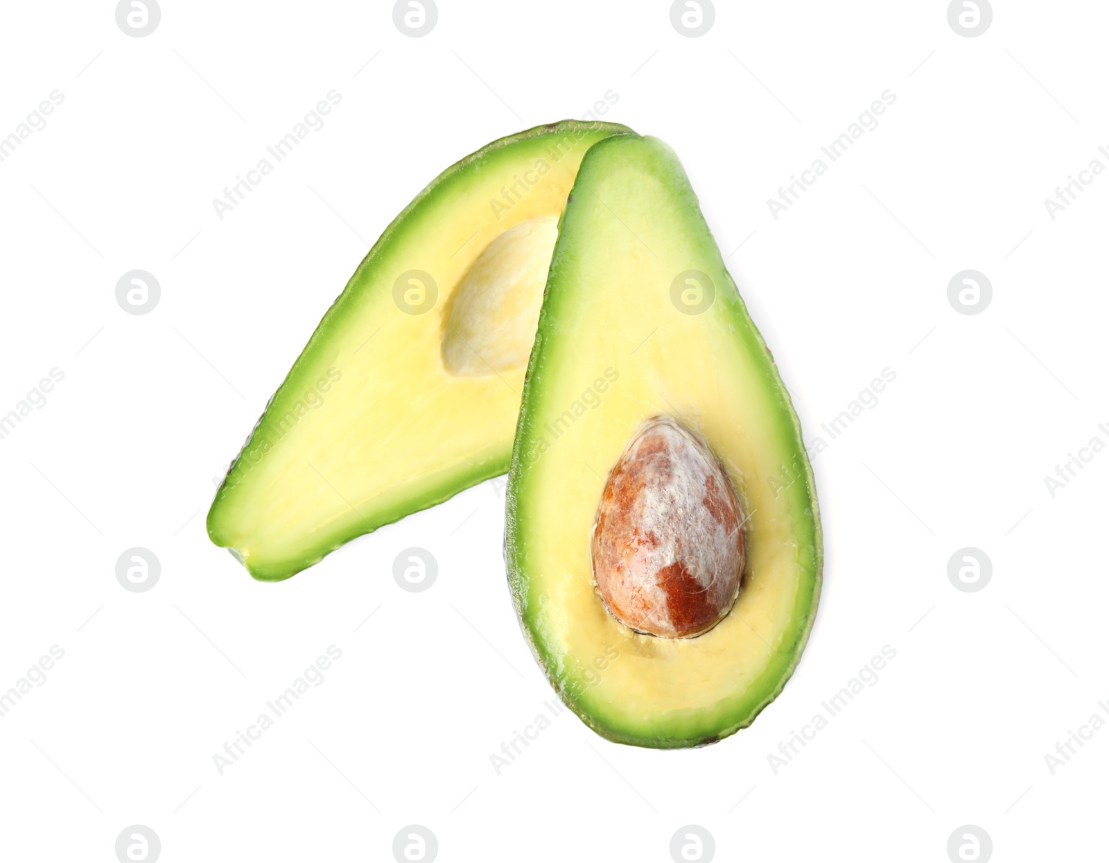 Photo of Tasty raw avocado fruit isolated on white, top view