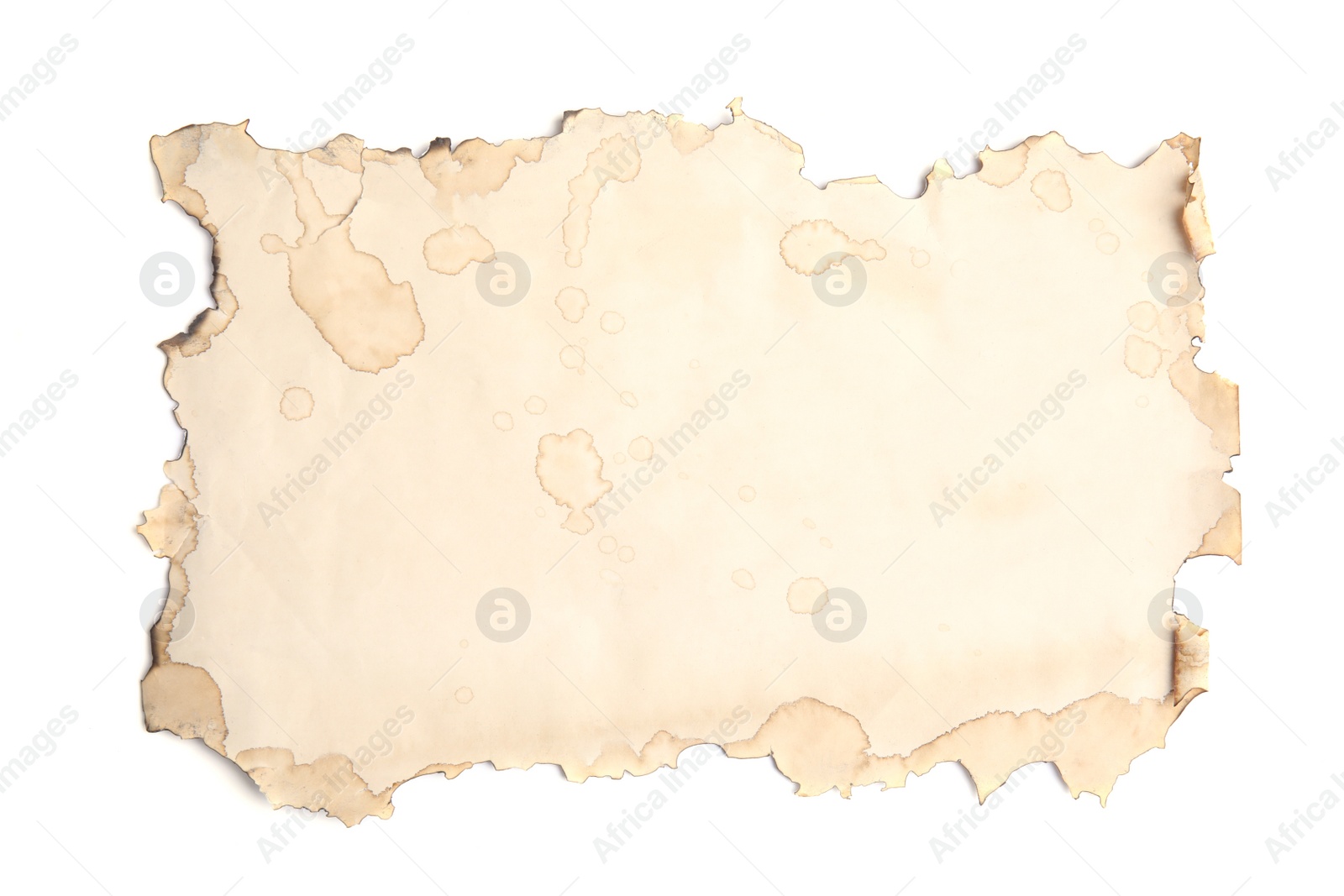 Photo of Piece of paper with dark burnt borders and wax seal isolated on white, top view. Space for text