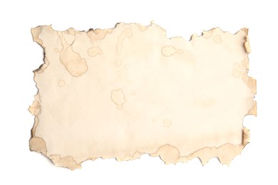 Photo of Piece of paper with dark burnt borders and wax seal isolated on white, top view. Space for text