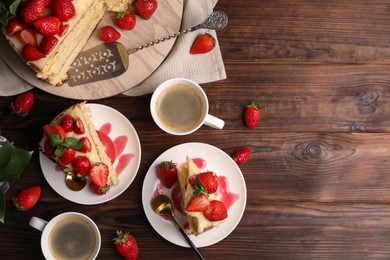 Photo of Tasty cake with fresh strawberries, mint and cups of coffee on wooden table, flat lay. Space for text