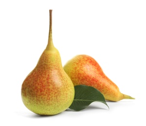 Whole ripe pears on white background