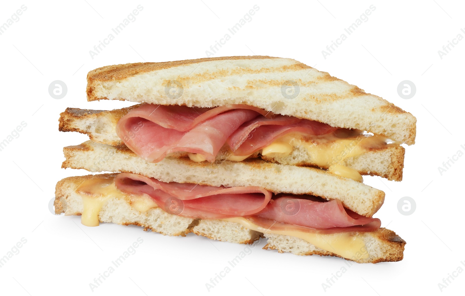 Photo of Tasty sandwiches with ham and melted cheese isolated on white