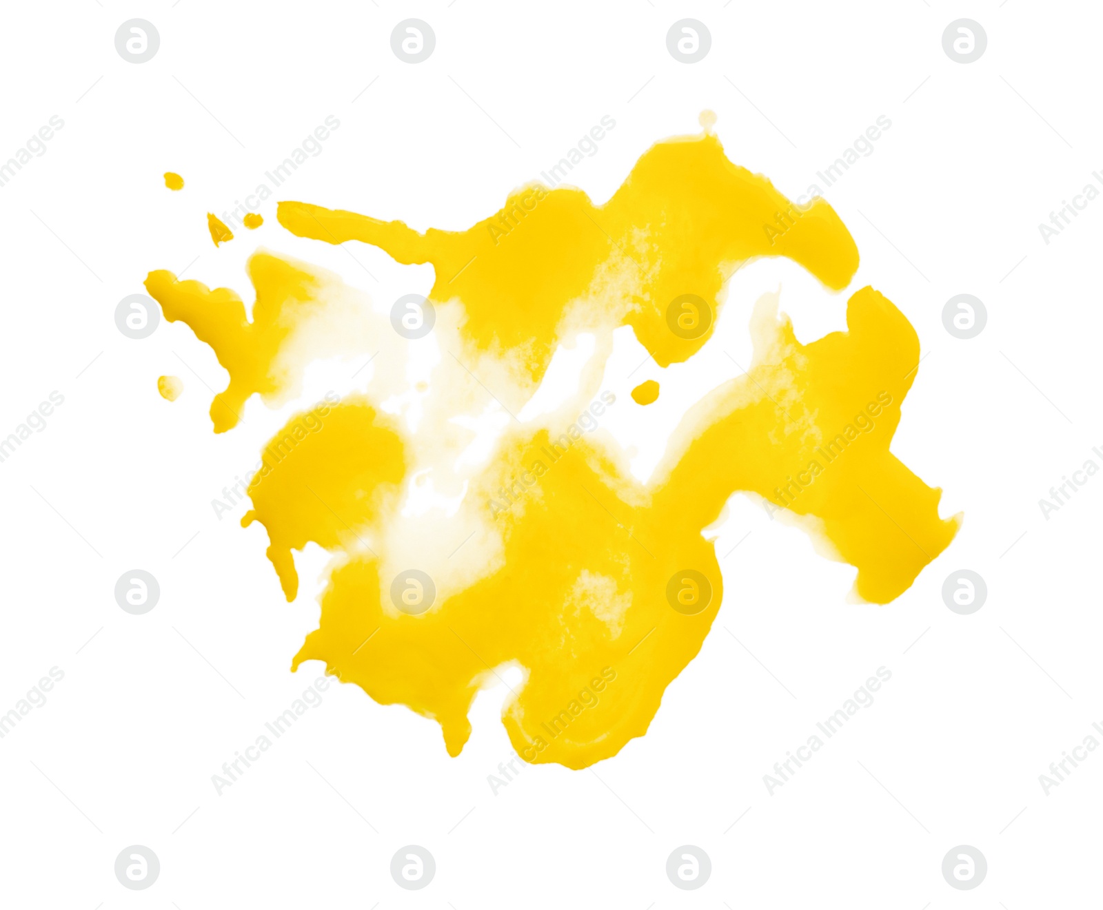 Photo of Blot of yellow watercolor paint isolated on white, top view