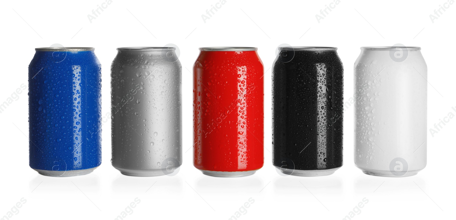 Photo of Aluminum cans with drinks on white background