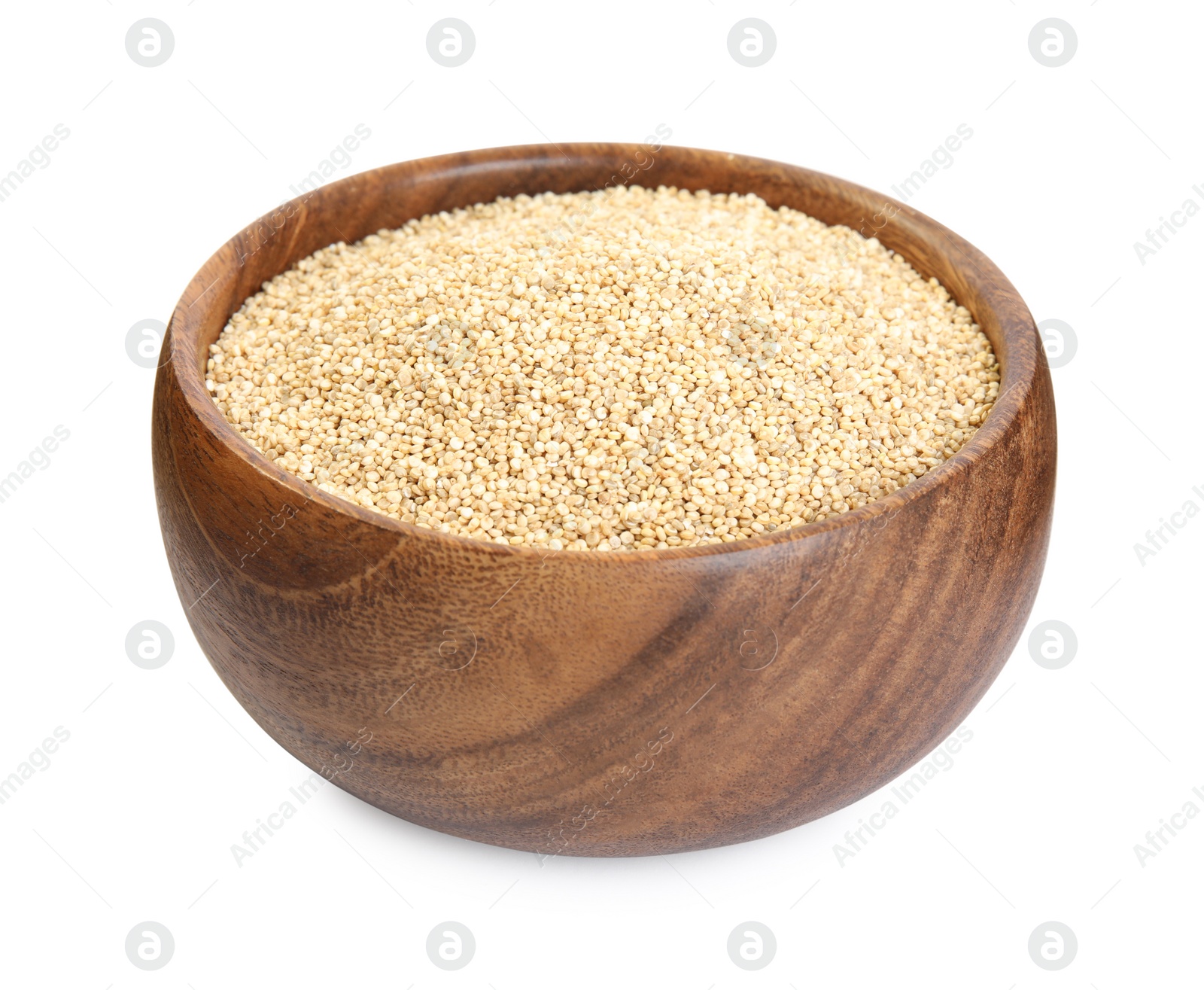 Photo of Wooden bowl with raw quinoa isolated on white