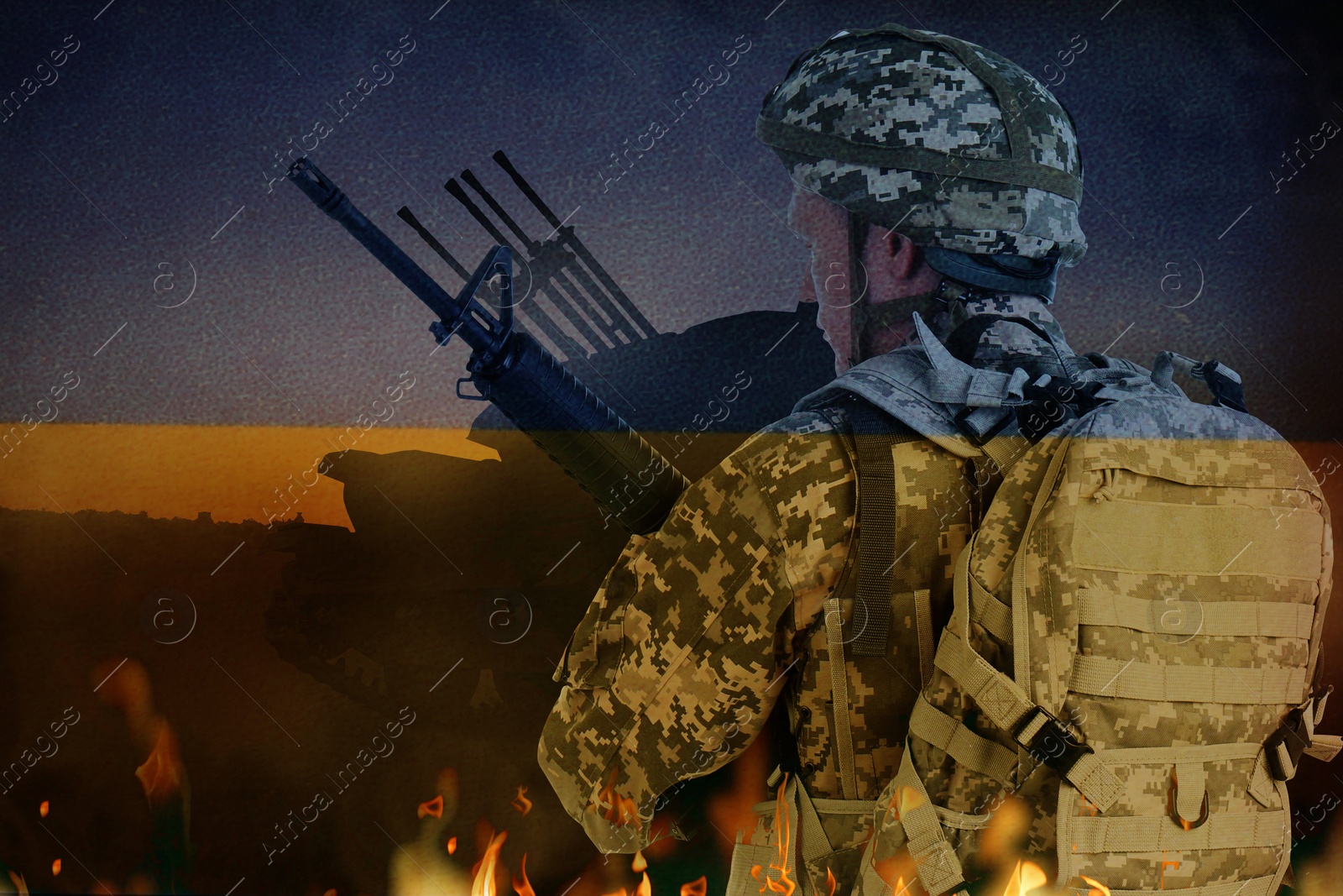 Image of Military, flag of Ukraine and armored fighting vehicle, double exposure