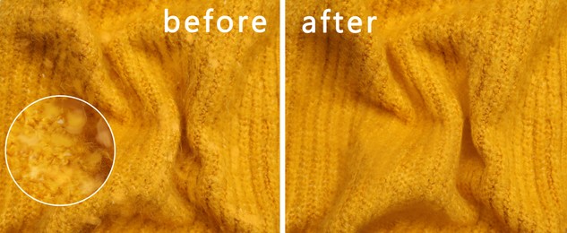 Image of Yellow cloth before and after using of fabric shaver, collage. Banner design