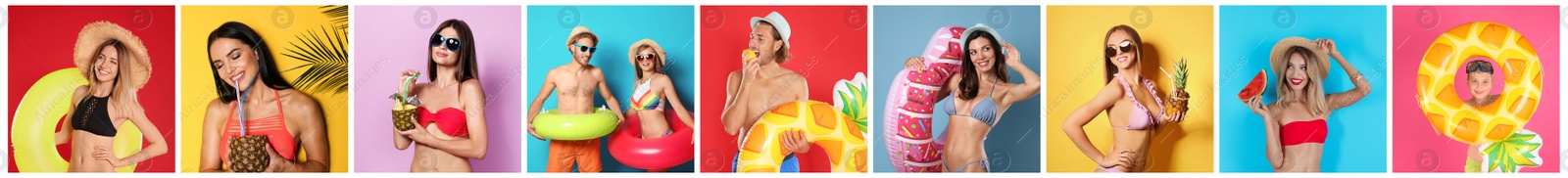 Image of Collage with beautiful photos themed to summer party and vacation. Happy people wearing swimsuits on different color backgrounds, banner design