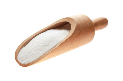 Photo of Wooden scoop of baking soda isolated on white