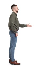 Man in shirt and jeans on white background