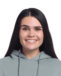 Passport photo. Portrait of young woman on white background