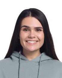 Image of Passport photo. Portrait of young woman on white background