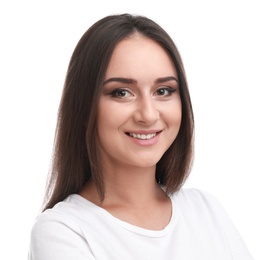 Beautiful young woman in casual outfit on white background