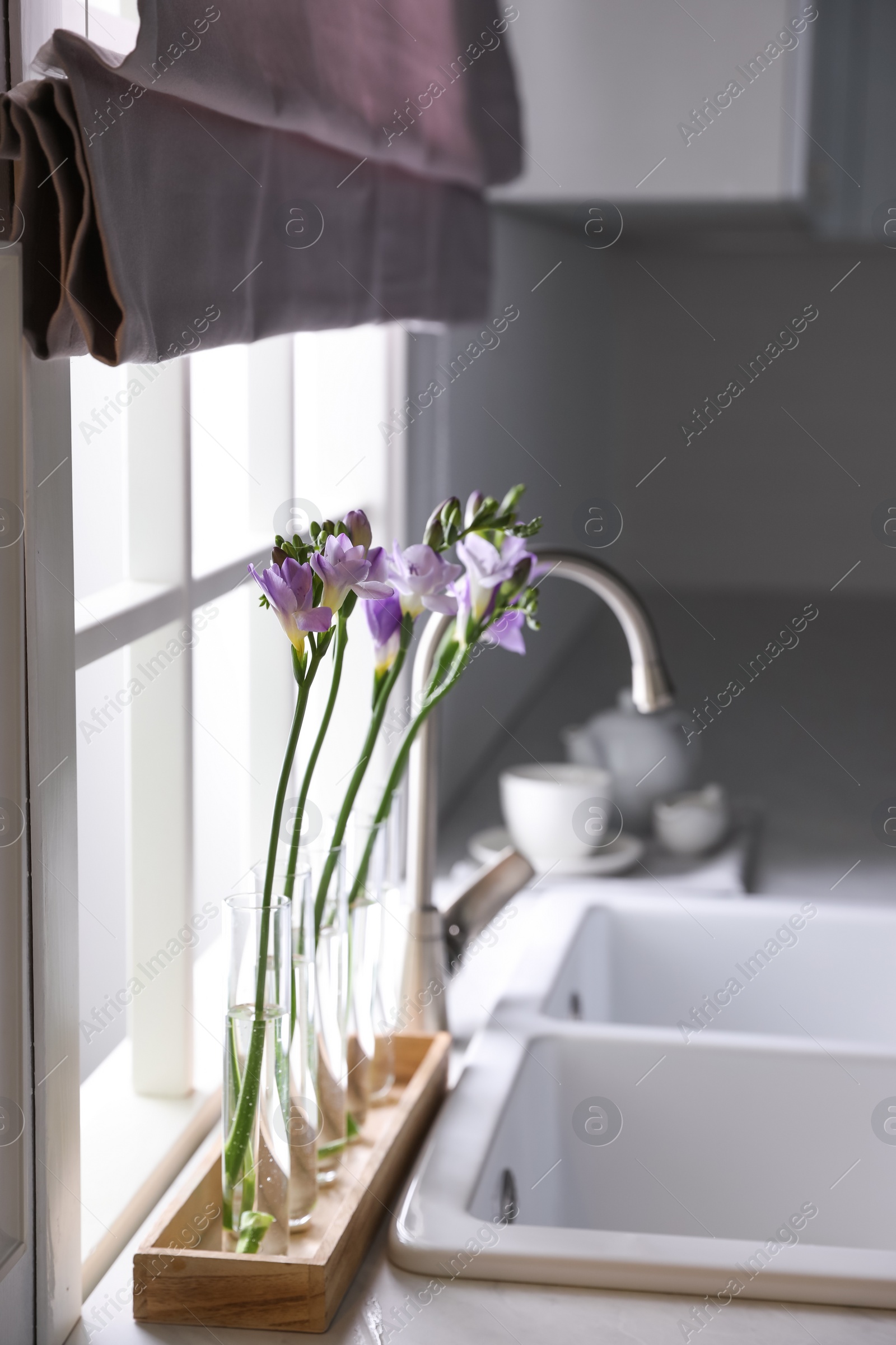 Photo of Beautiful freesia flowers near window in kitchen