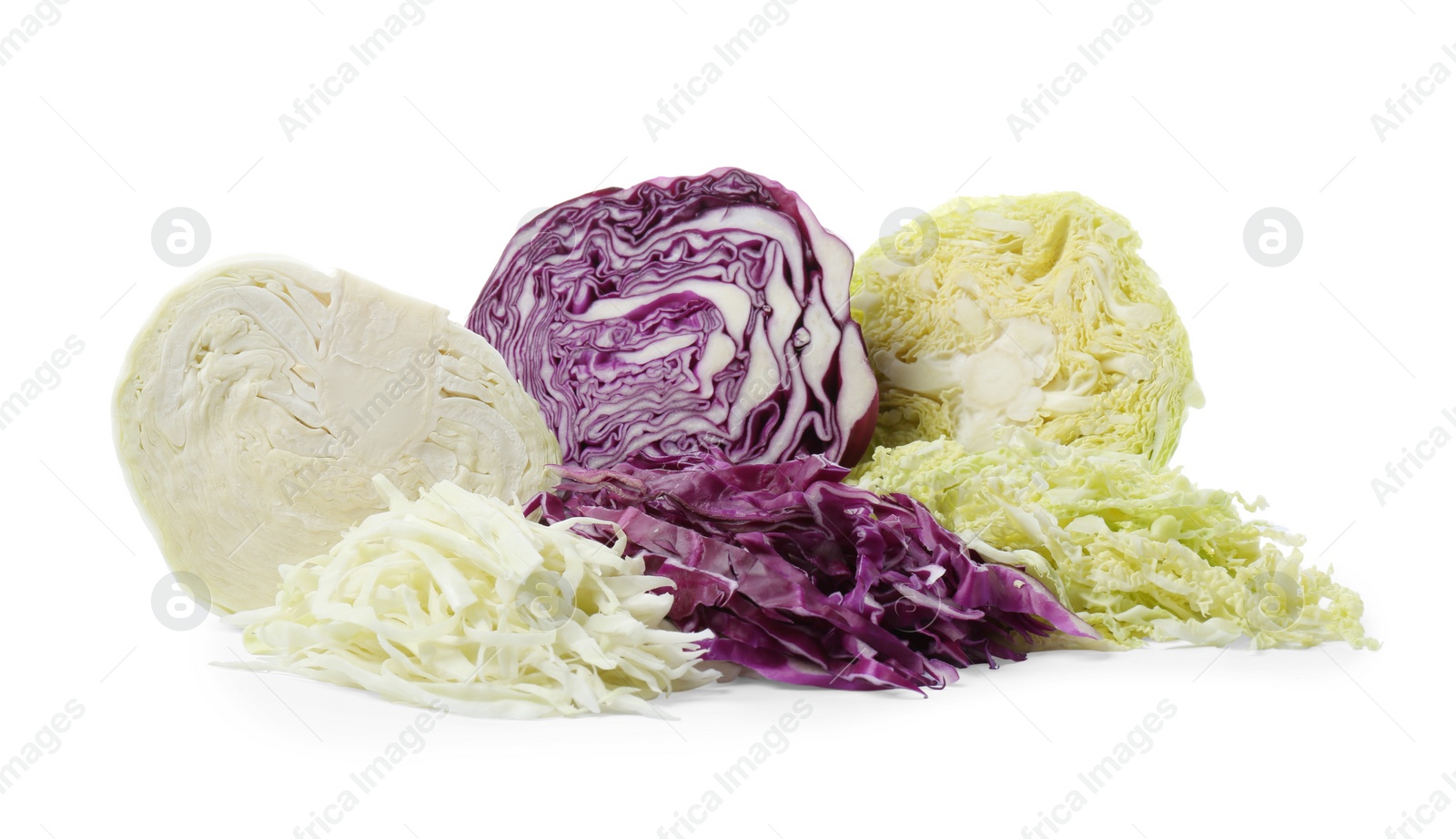 Photo of Different types of cut cabbage on white background