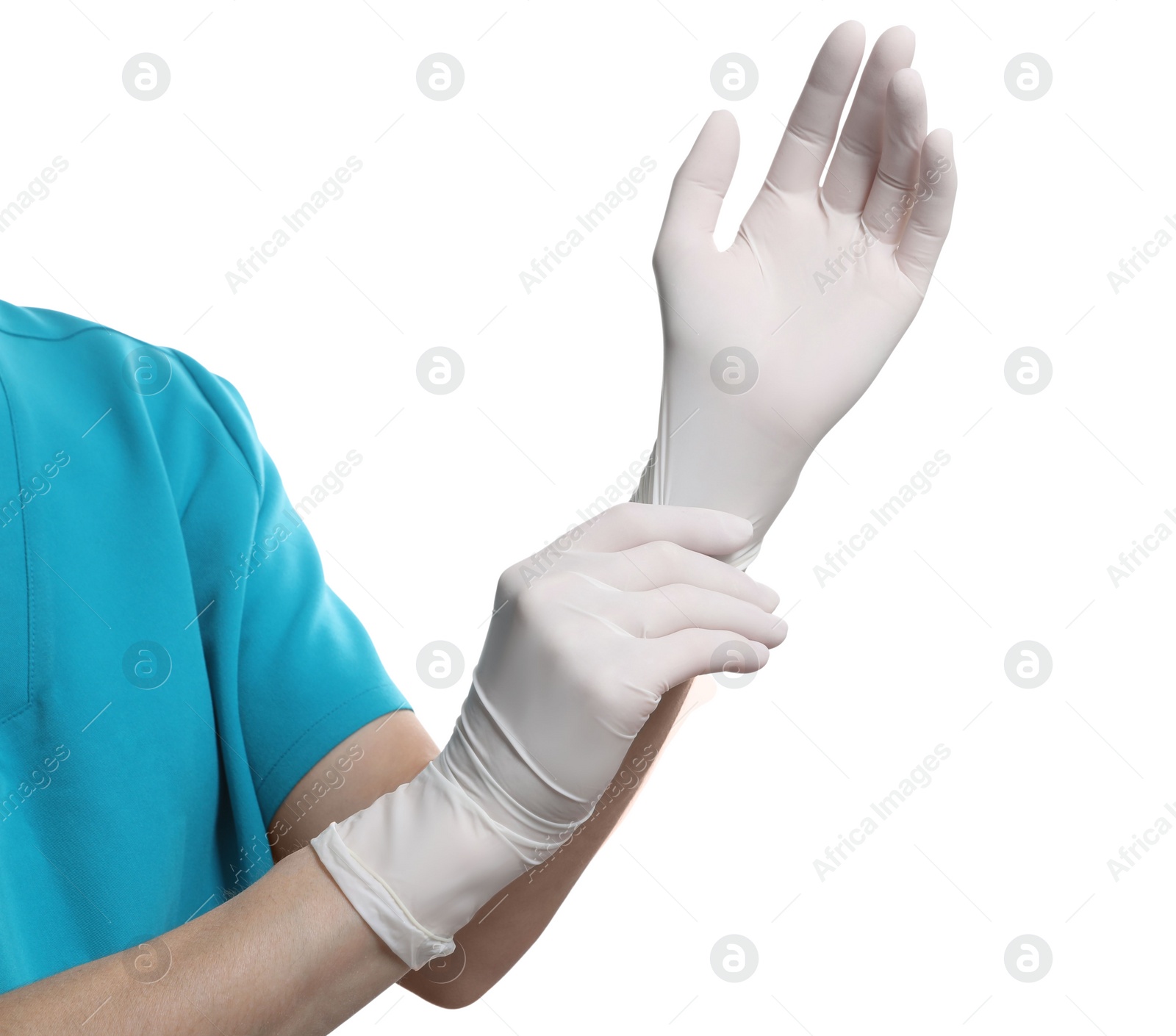 Photo of Doctor wearing medical gloves on white background, closeup