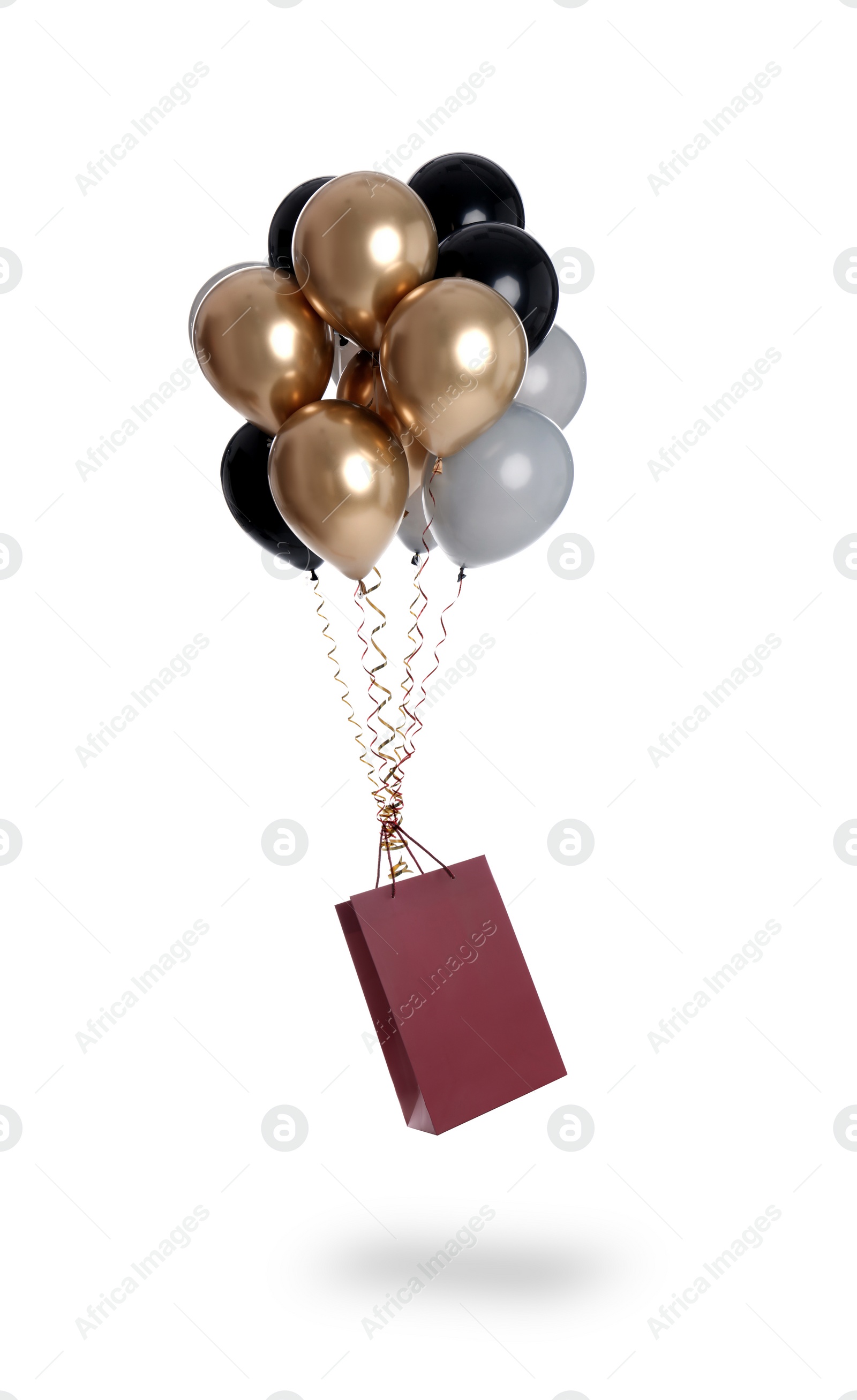 Image of Bunch of balloons and paper bag on white background